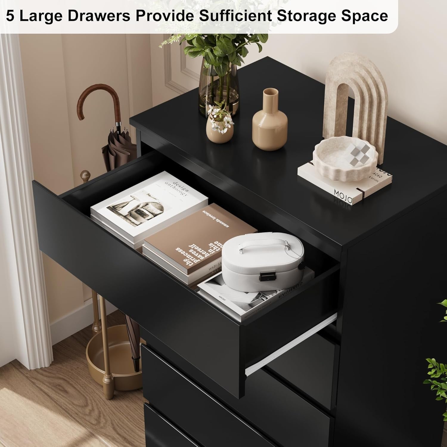 Black 5 Drawer Tall Chest Storage Cabinet Bedroom Organizer Furniture Unit