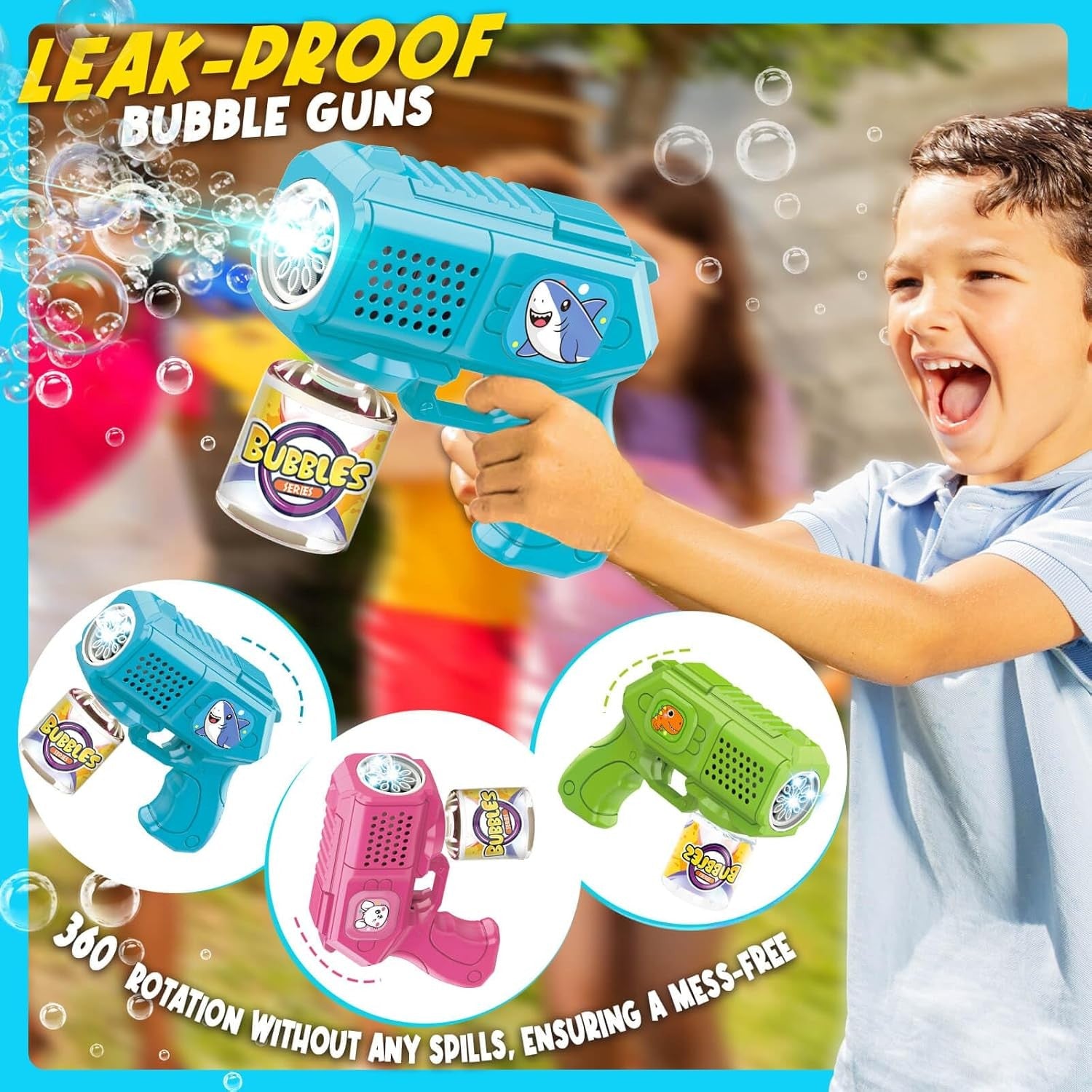 3 Pack Light Up Bubble Guns Kids Party Toy Set with Solution