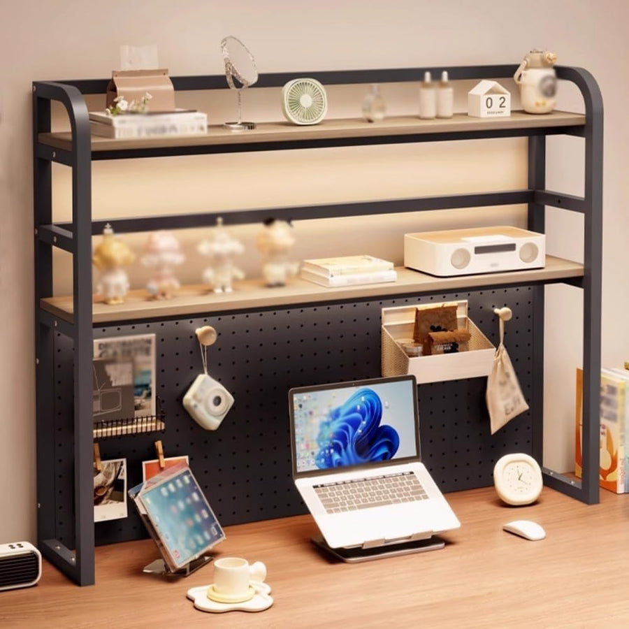 2 Tier Metal Desk Hutch 31.5" Desktop Shelf Organizer Storage Rack Home Office