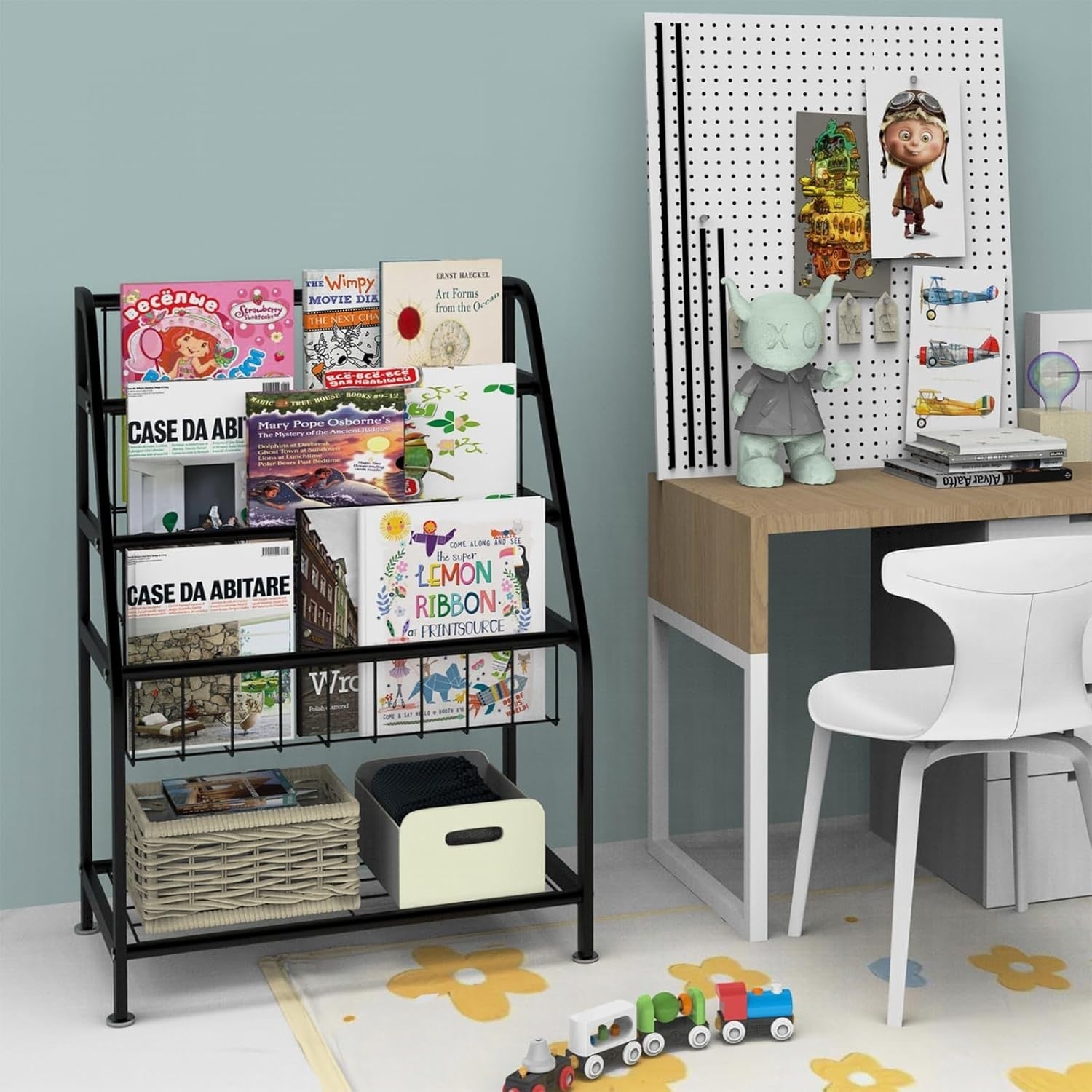 Kids Bookcase & Toy Organizer Shelf – Durable Metal, Space-Saving Leaning Rack