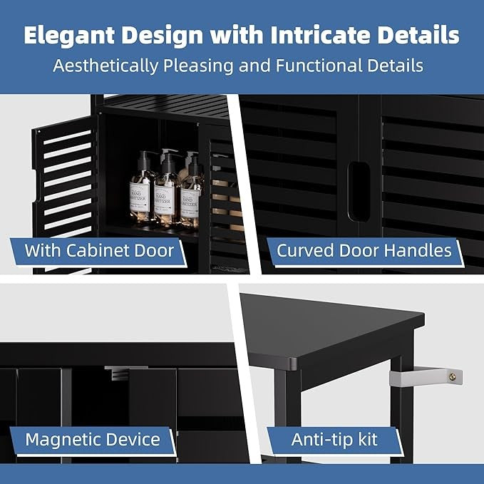 Black Bamboo Bathroom Storage Cabinet with Shutter Doors & Open Shelf 60x30x80cm