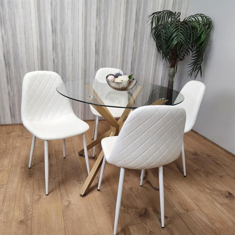 Round Glass Dining Table Set with 4 White Leather Chairs Oak Metal Legs