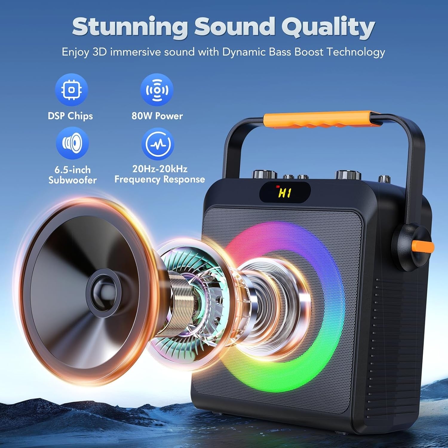 Karaoke Machine 2 Wireless Mics Bluetooth Speaker Bass Boost LED