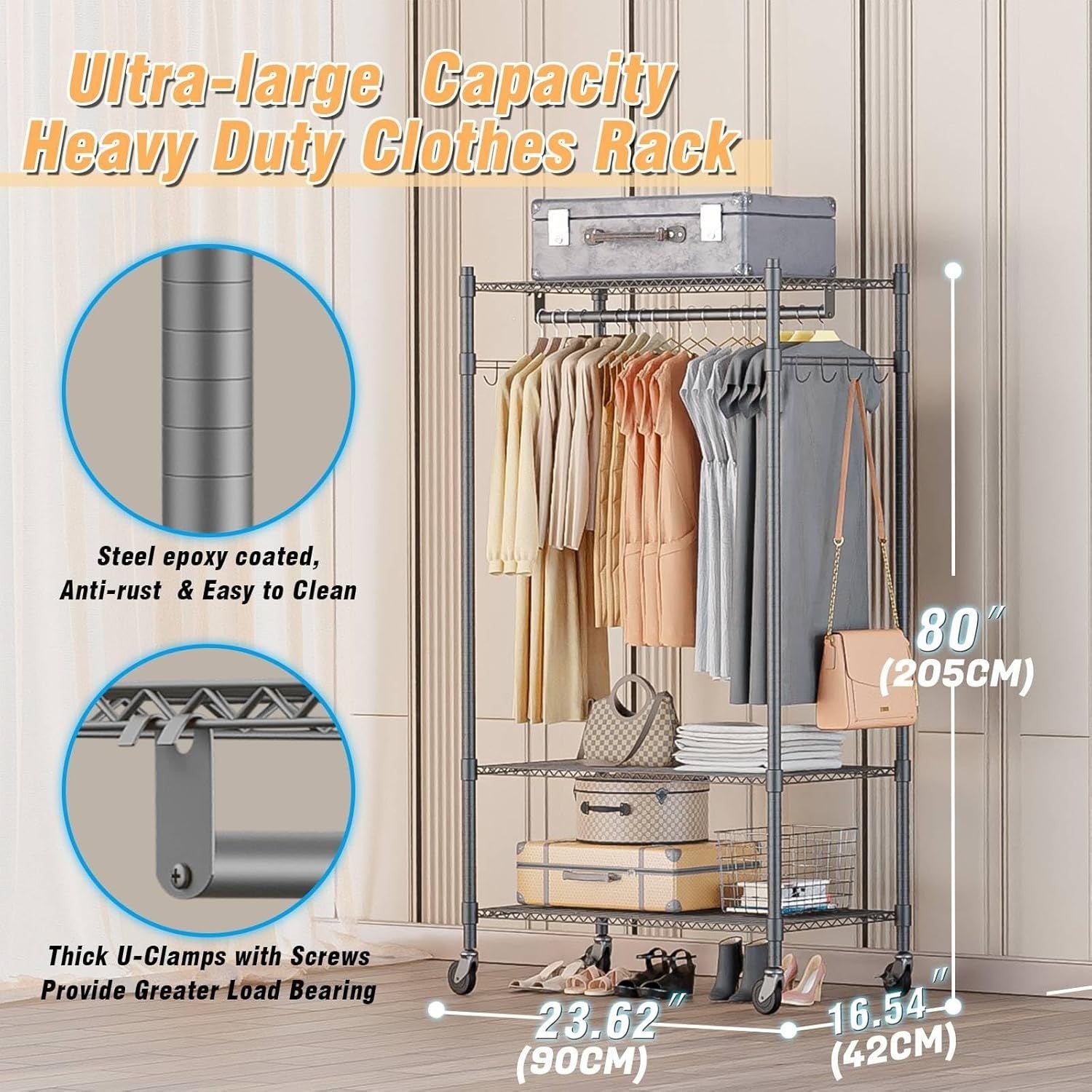 Heavy Duty 3-Tier Double Rod Clothes Rail with Wheels – Grey 205cm