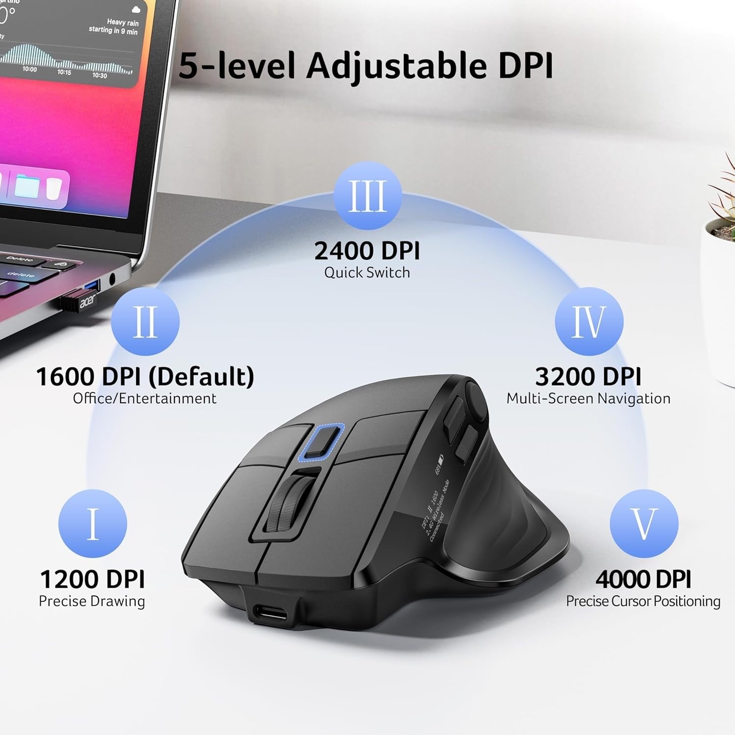 Ergonomic Vertical Wireless Mouse 4000 DPI Bluetooth Rechargeable