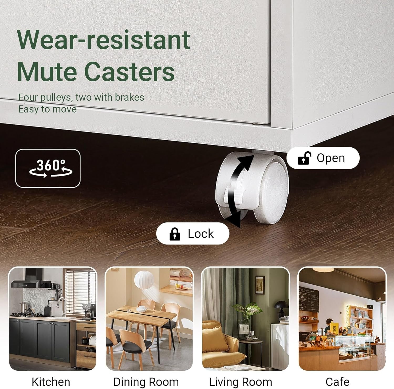 White Kitchen Trolley Cabinet with Doors Rolling Microwave Storage Cart