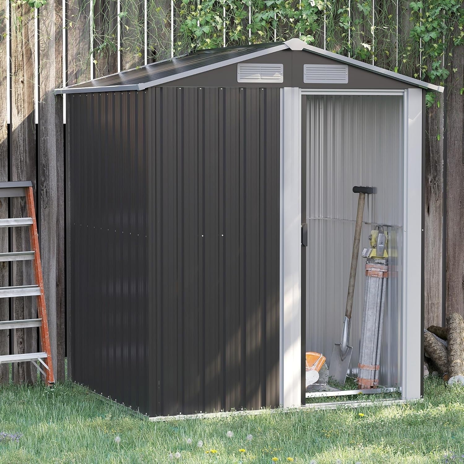 Metal Garden Shed 5x4ft Sliding Door Tool Storage House Grey
