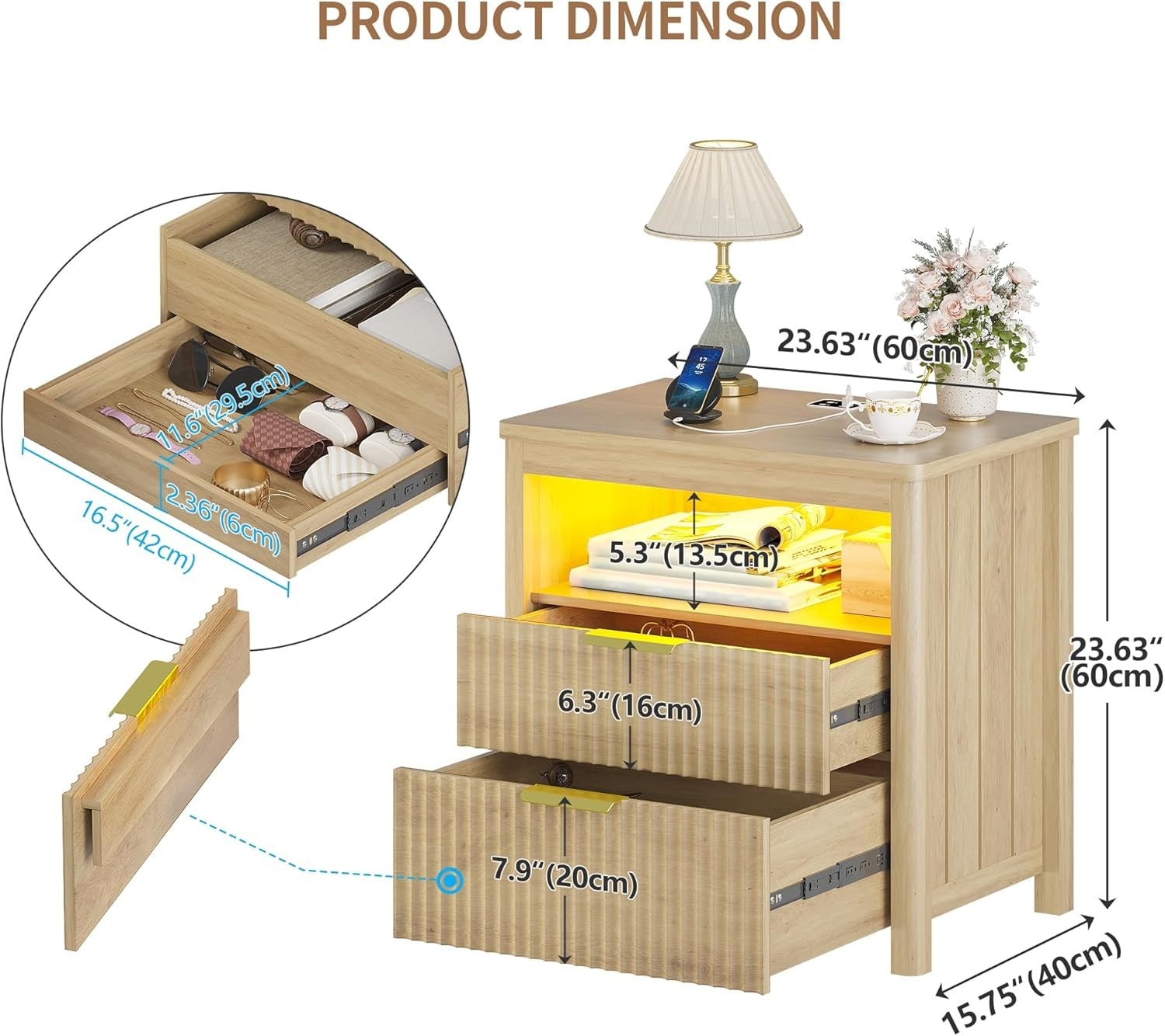 24" Natural Wood Bedside Table with Charging Station, LED Light & 3 Drawers