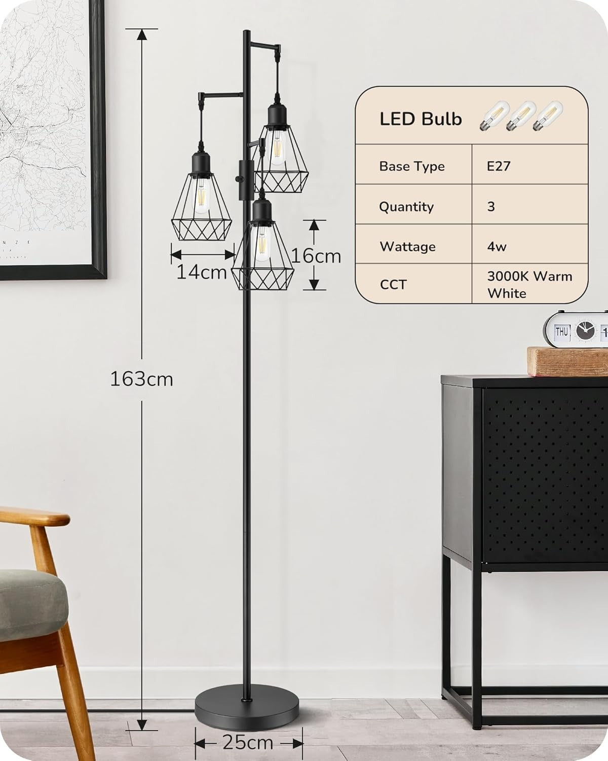 Dimmable Industrial Floor Lamp with 3 LED Bulbs & Diamond Cage Shades