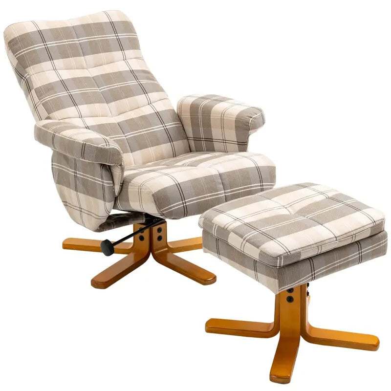 Linen Swivel Recliner Armchair with Footstool Storage & Wood Base