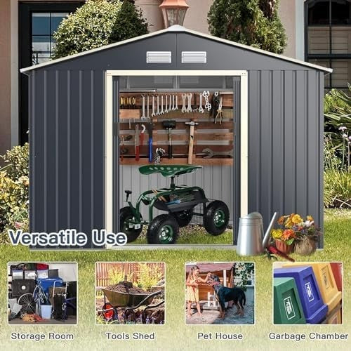 Metal Garden Shed 9x6FT Lockable Outdoor Storage Sloped Roof + Vents