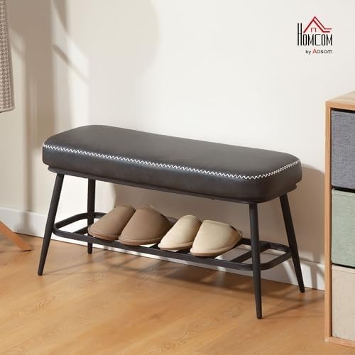 Charcoal Grey PU Leather Shoe Storage Bench with Cushion Seat & Metal Frame