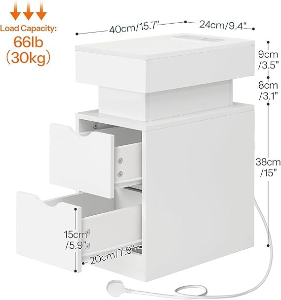 Slim LED Bedside Table  Charging Station, 2 Drawers, Modern White Nightstand