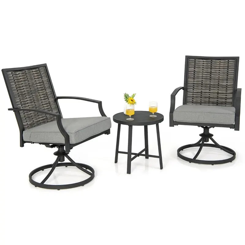 3pc Patio Swivel Chair Bistro Set w/Table Rattan Cushions Garden Deck