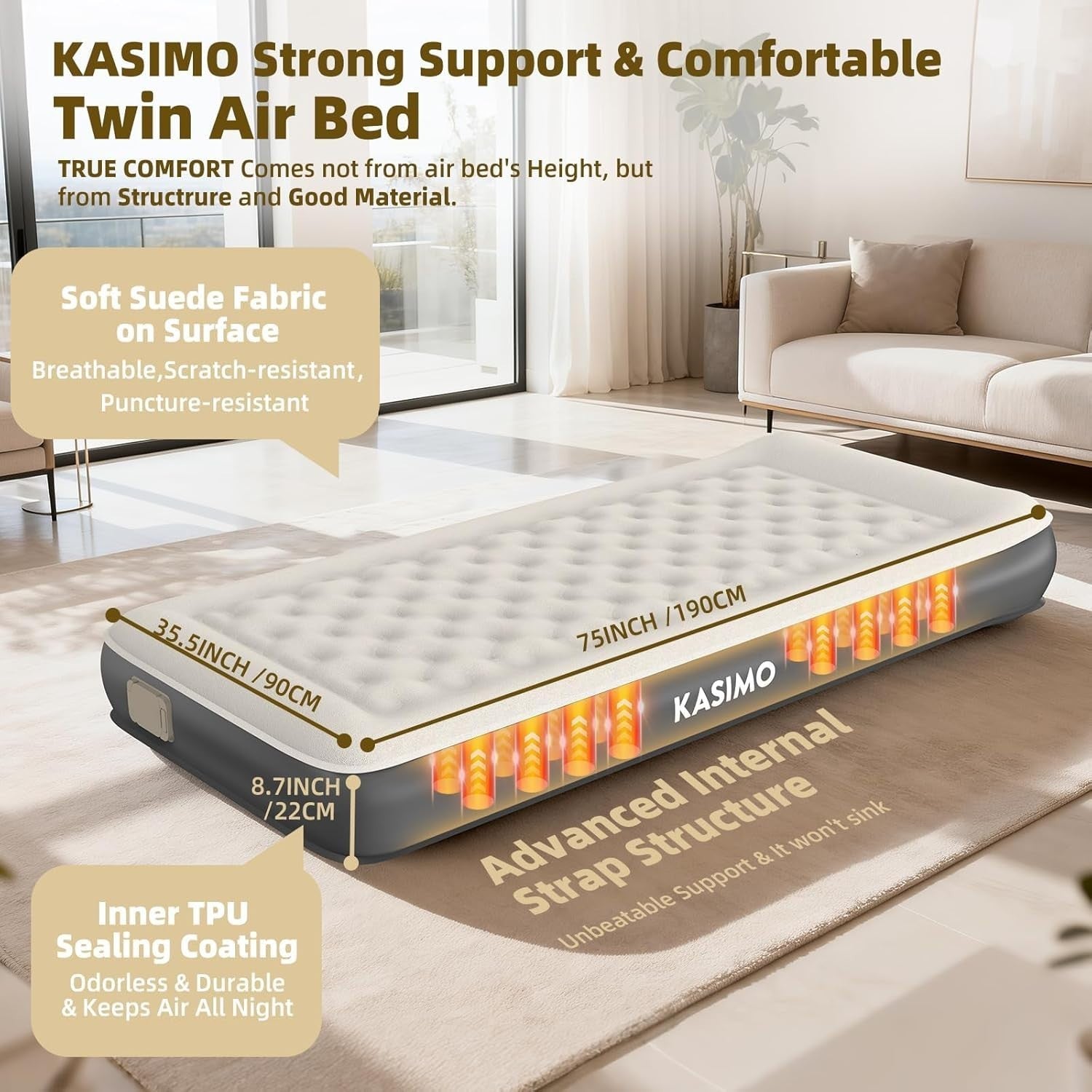 Single Inflatable Air Mattress with Built-in Battery Pump & Pillow
