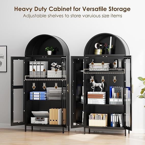 Tall White Arched Pantry Cabinet – 4-Door Glass & Metal Storage Unit 185cm