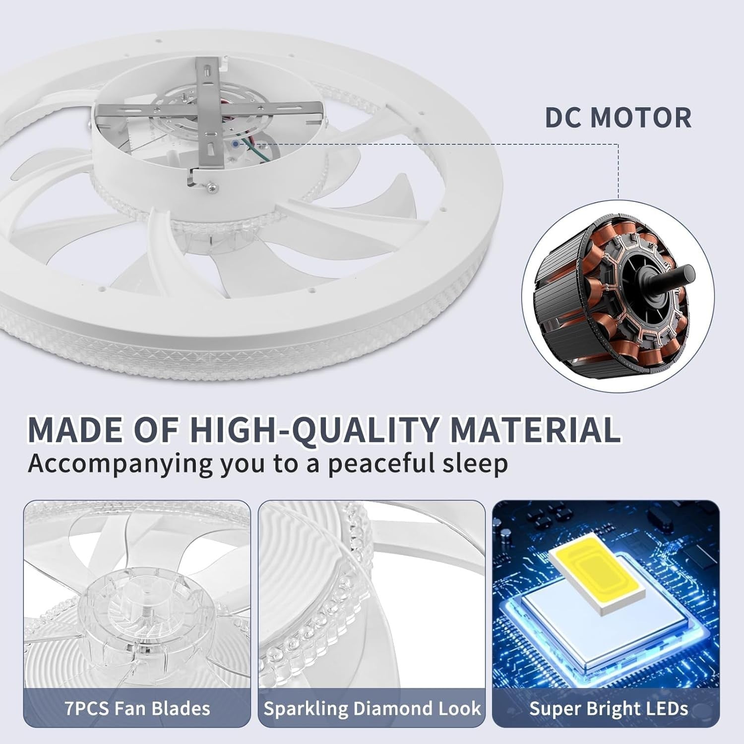 Ankishi 48CM Ceiling Light Fan 70W, White, 6-Speed, Remote, 3-Color LED