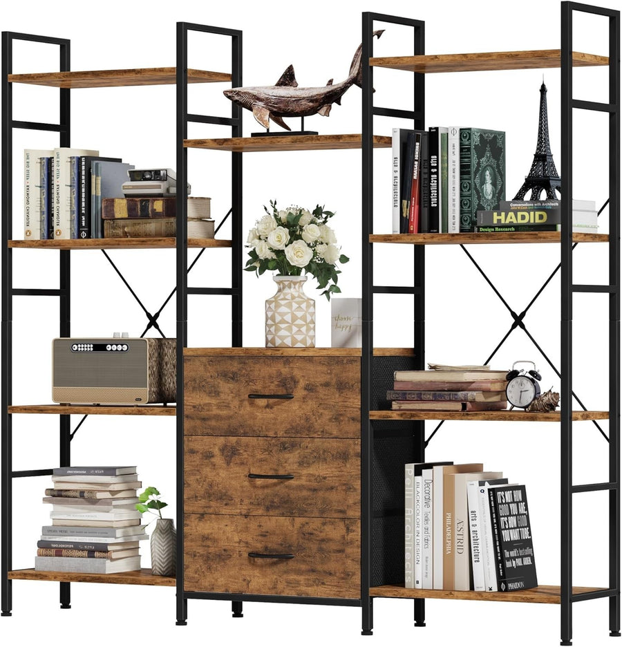 120cm Wide Tall 4-Tier Bookcase with 3 Fabric Drawers Industrial Storage