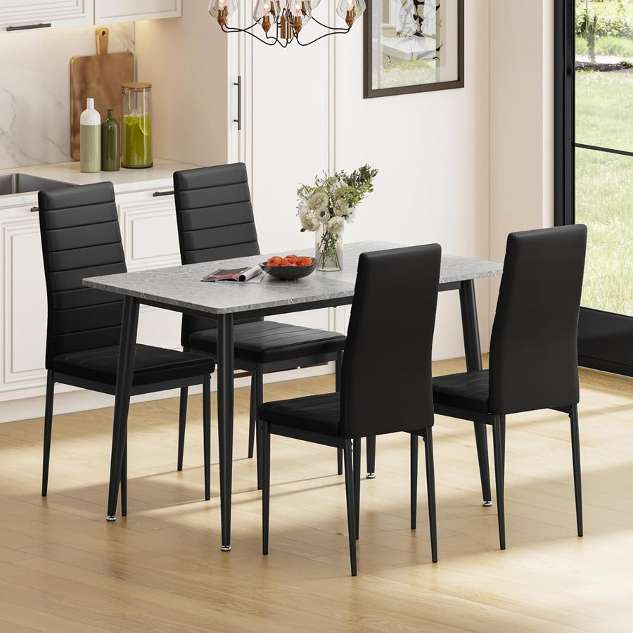 120CM Marble Effect Dining Table Set with 4 Faux Leather Chairs - Modern Home