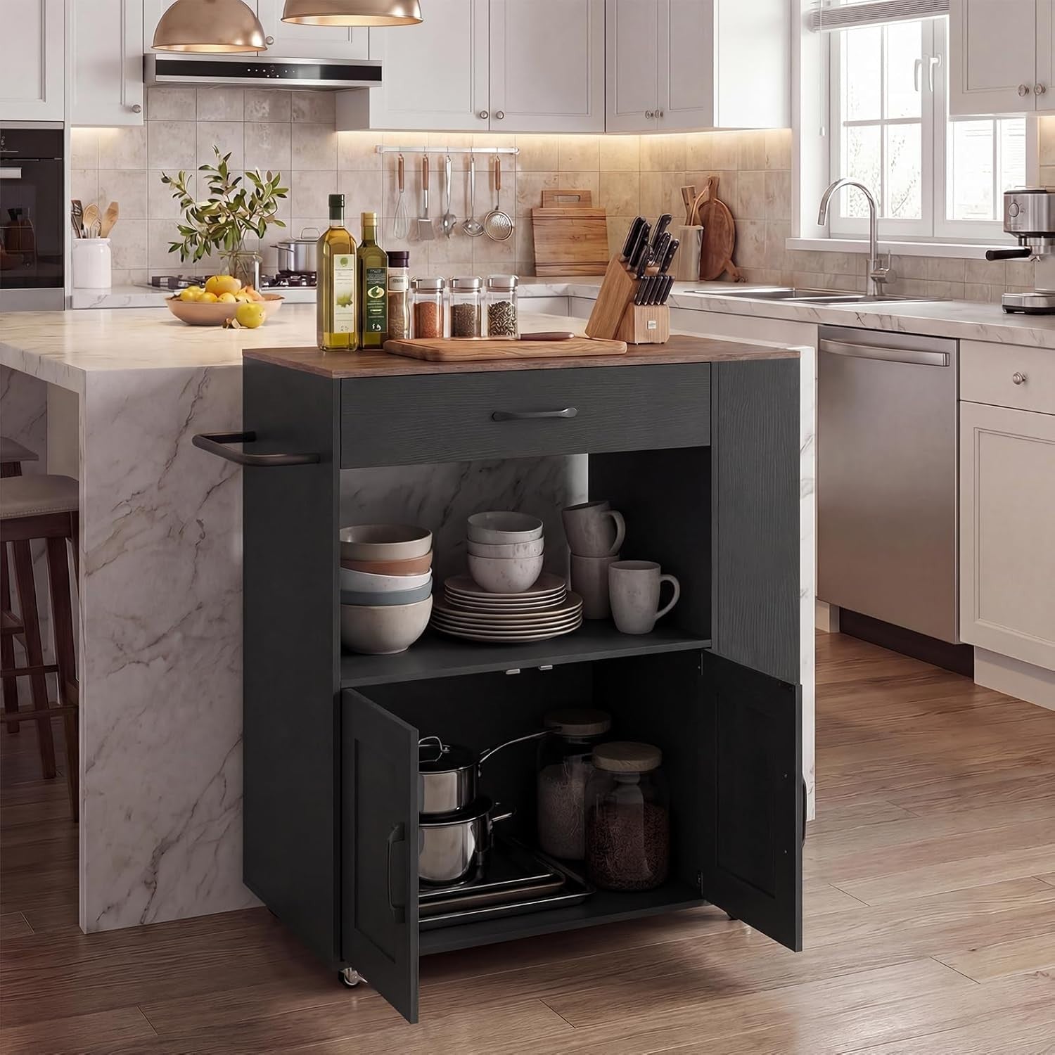 Kitchen Island Trolley Cabinet with Spice Rack Black