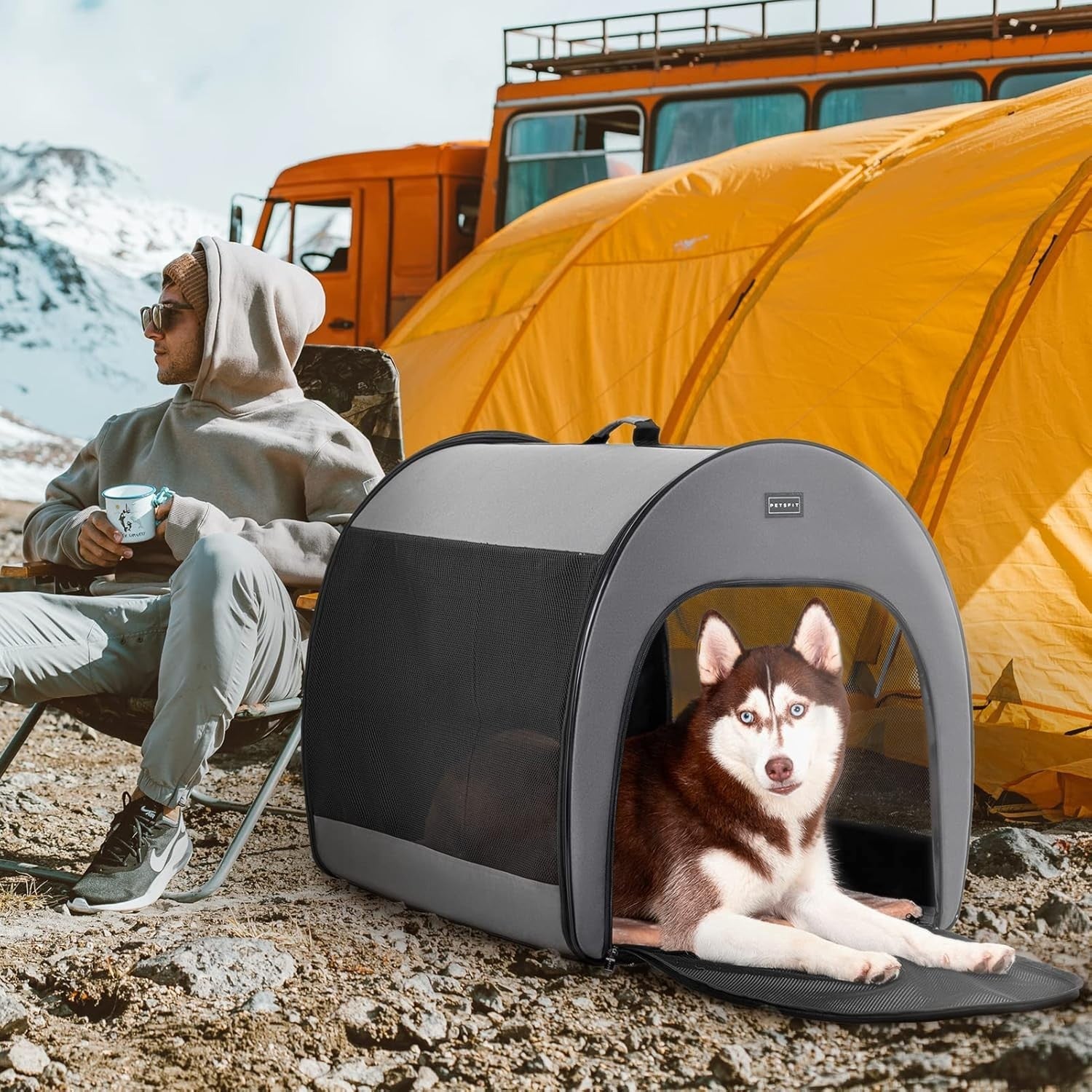 Soft Dog Crate Large 57x57x77cm Portable Travel Carrier Cat Kennel with Mat Grey