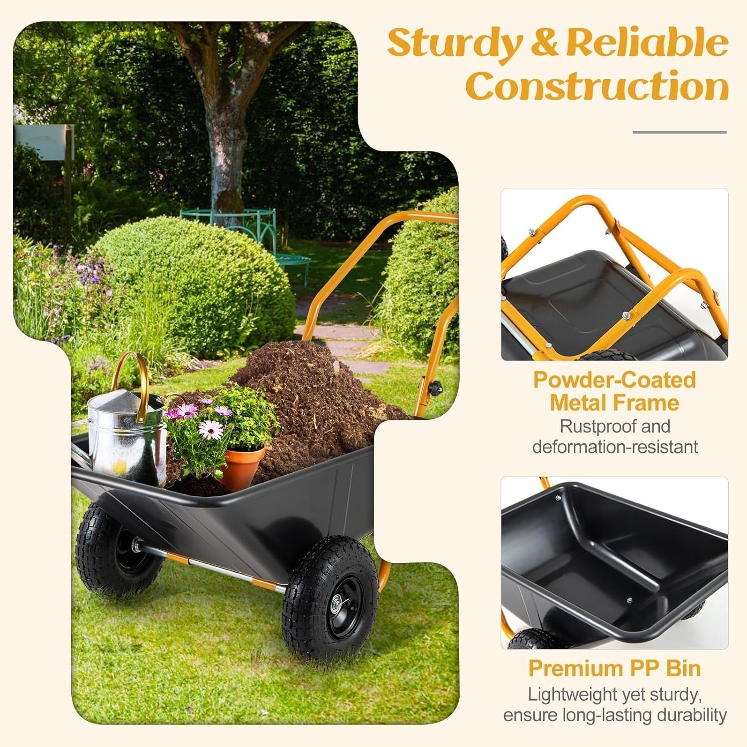 80L 2-Wheel Garden Wheelbarrow Black – Foldable Handle w/ Pneumatic Tyres 100kg