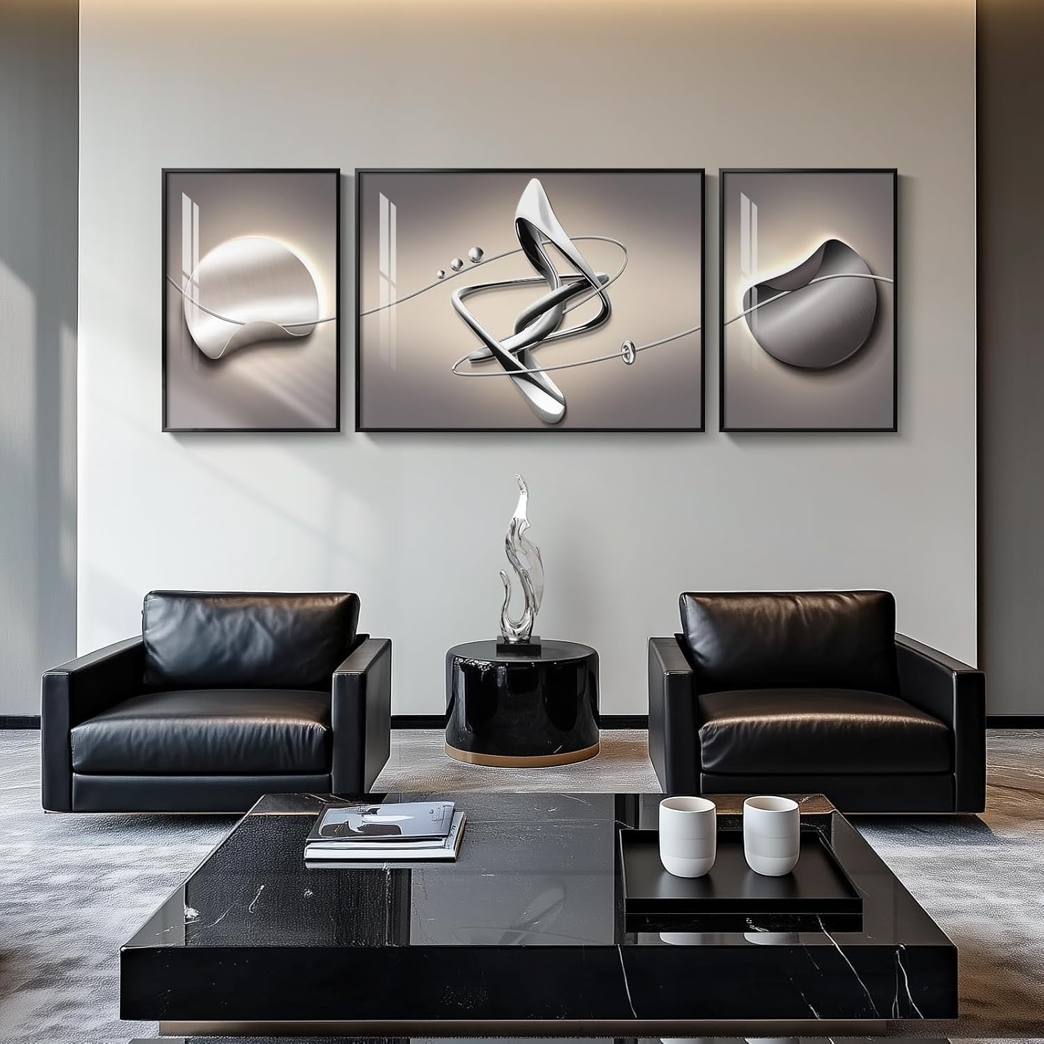 Extra Large Abstract Wall Art Set 3 Piece Framed Modern Black Grey Decor