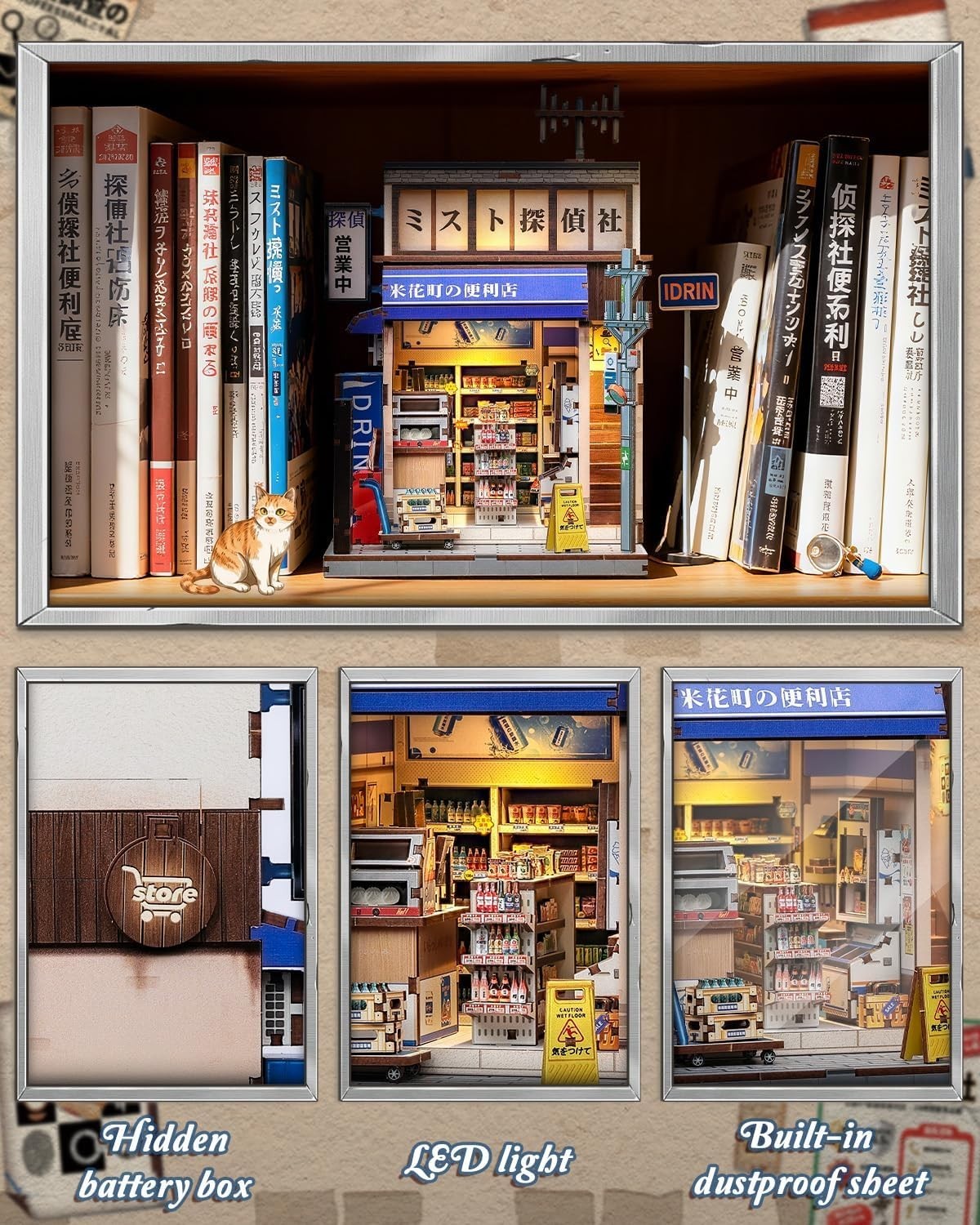 DIY Book Nook Kit Japanese Miniature House LED Wooden Puzzle Bookend