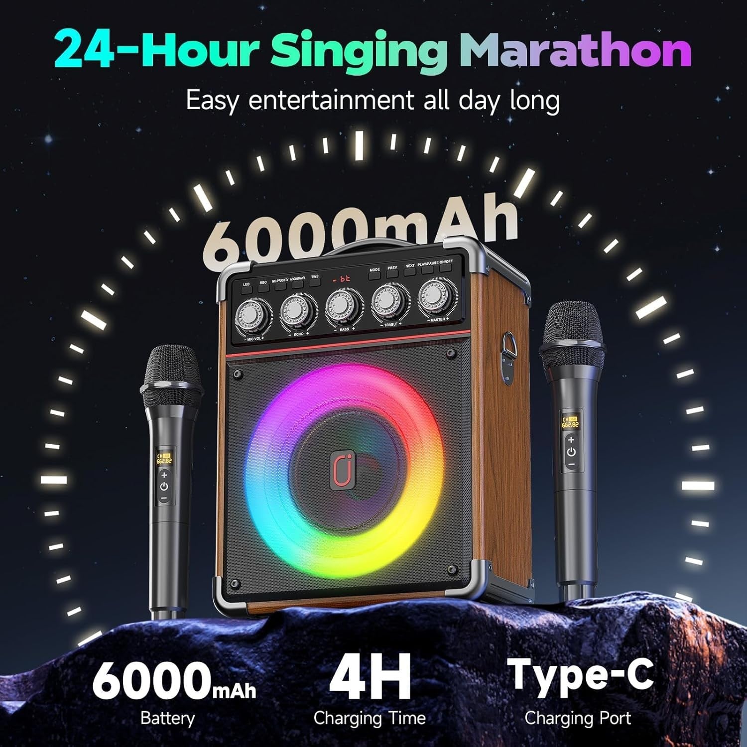 Bluetooth 5.3 Karaoke Machine with 2 Wireless Mics RGB PA