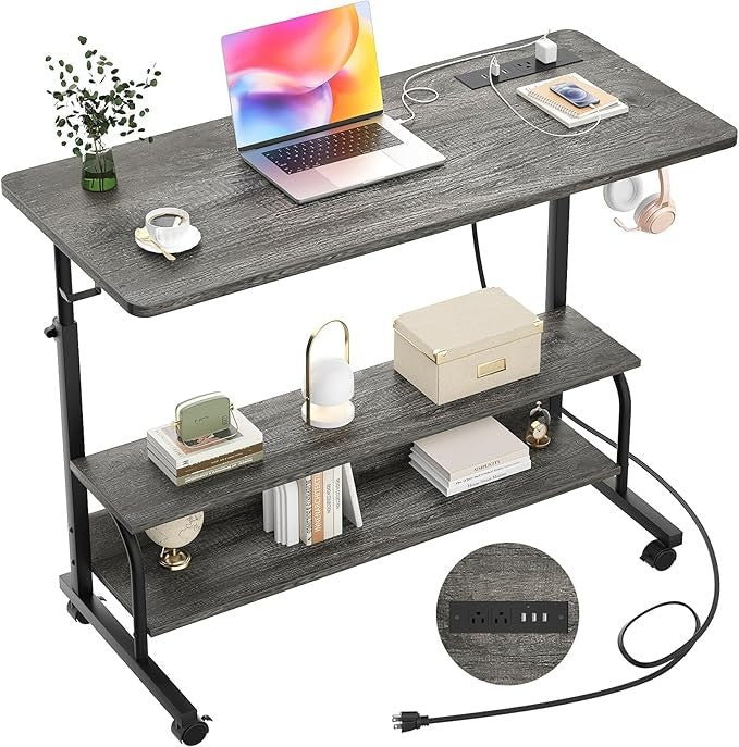Rolling Standing Desk Adjustable Height with Power USB C-Shaped Mobile Table