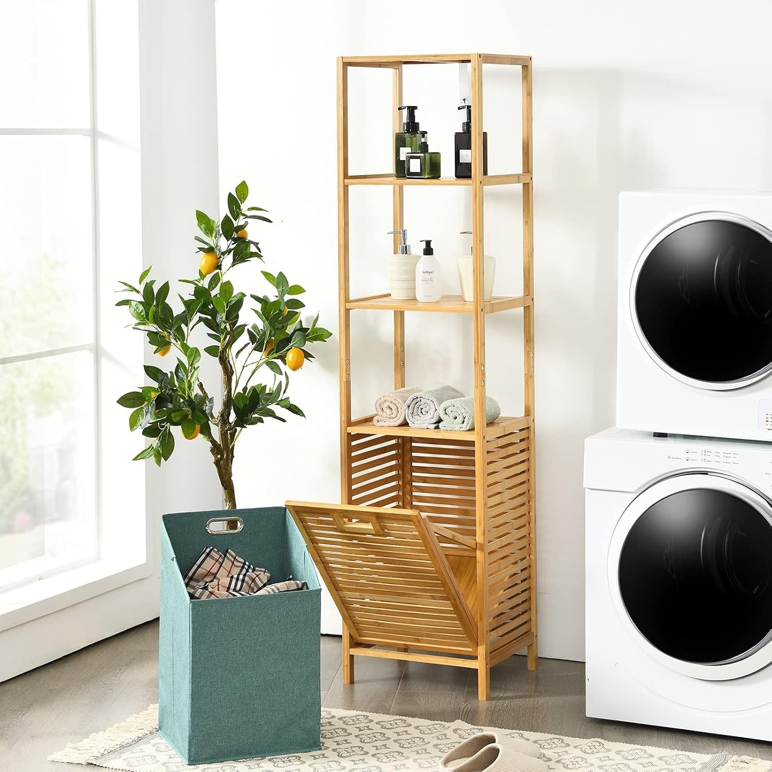 Tall Bamboo Laundry Hamper with 3 Shelves & Tilt-Out Basket | 40×33×160cm