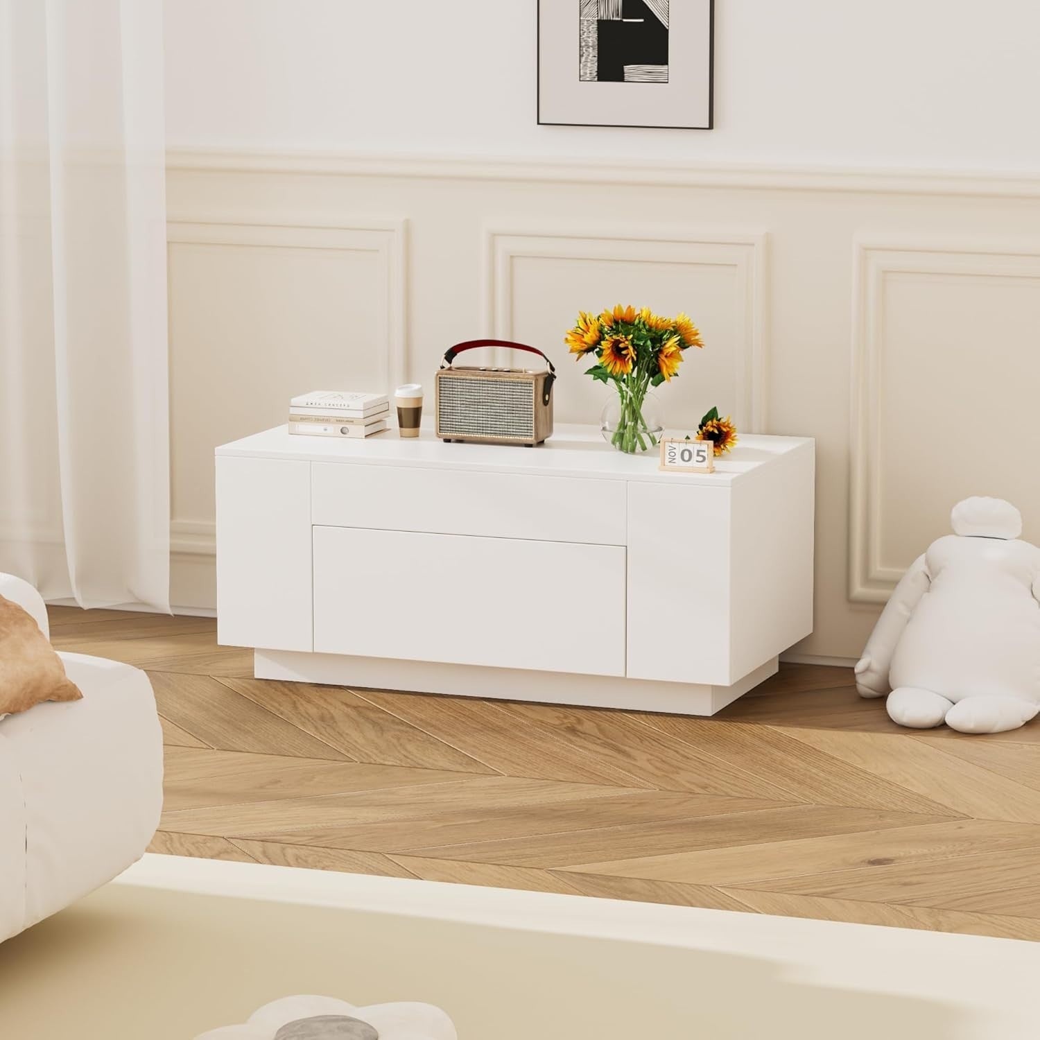 White Coffee Table with Hidden Storage Drawer – Modern 98x50cm Living Room
