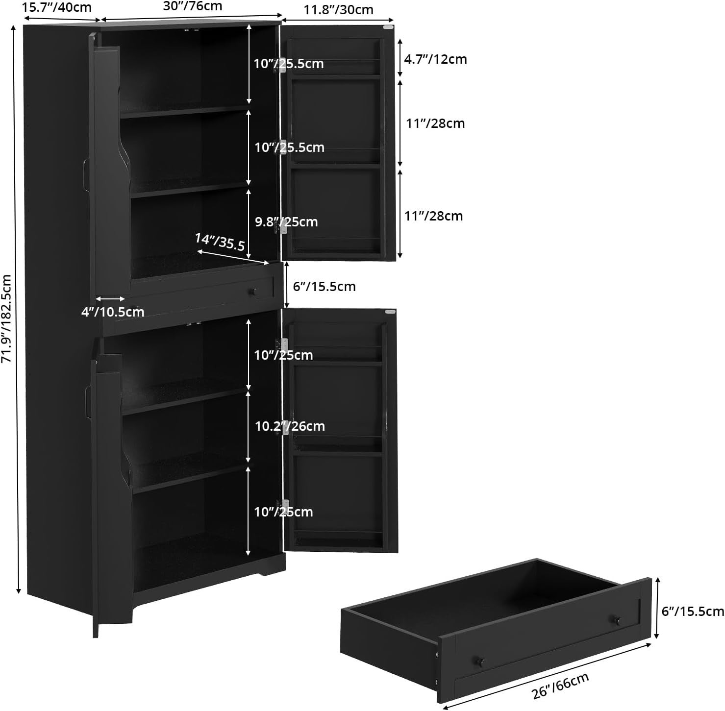 Tall Kitchen Cabinet 4 Doors 1 Drawer 4 Adjustable Shelves Black