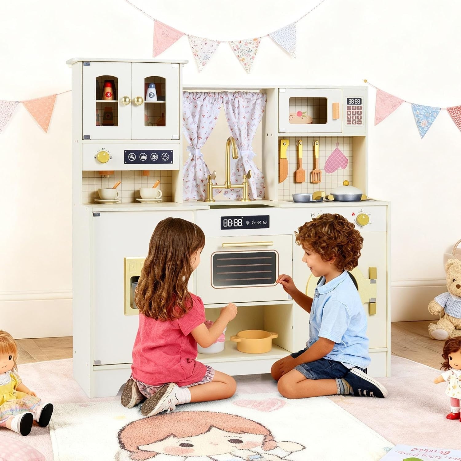 Wooden Kids Play Kitchen Coffee Maker Ice Dispenser Beige Toy