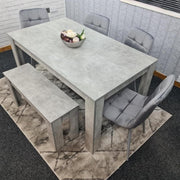 Grey MDF Dining Table Set with 4 Padded Chairs & Bench for Kitchen Room