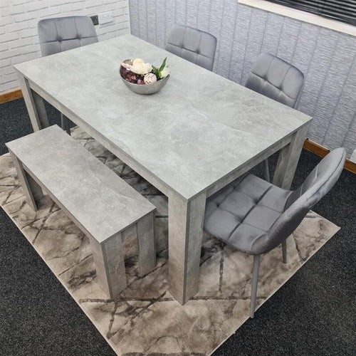 Grey MDF Dining Table Set with 4 Padded Chairs & Bench for Kitchen Room