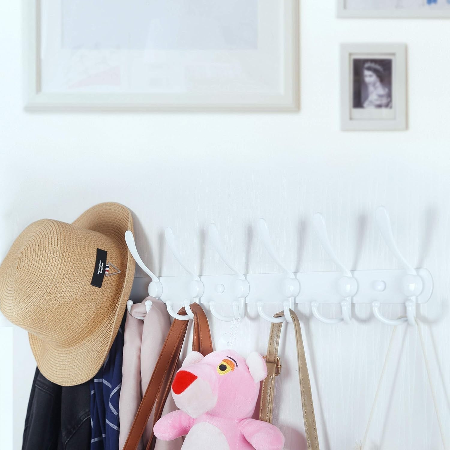 75cm Wall Mounted Coat Rack with 8 Hooks | White Metal Hook Rail Hanger