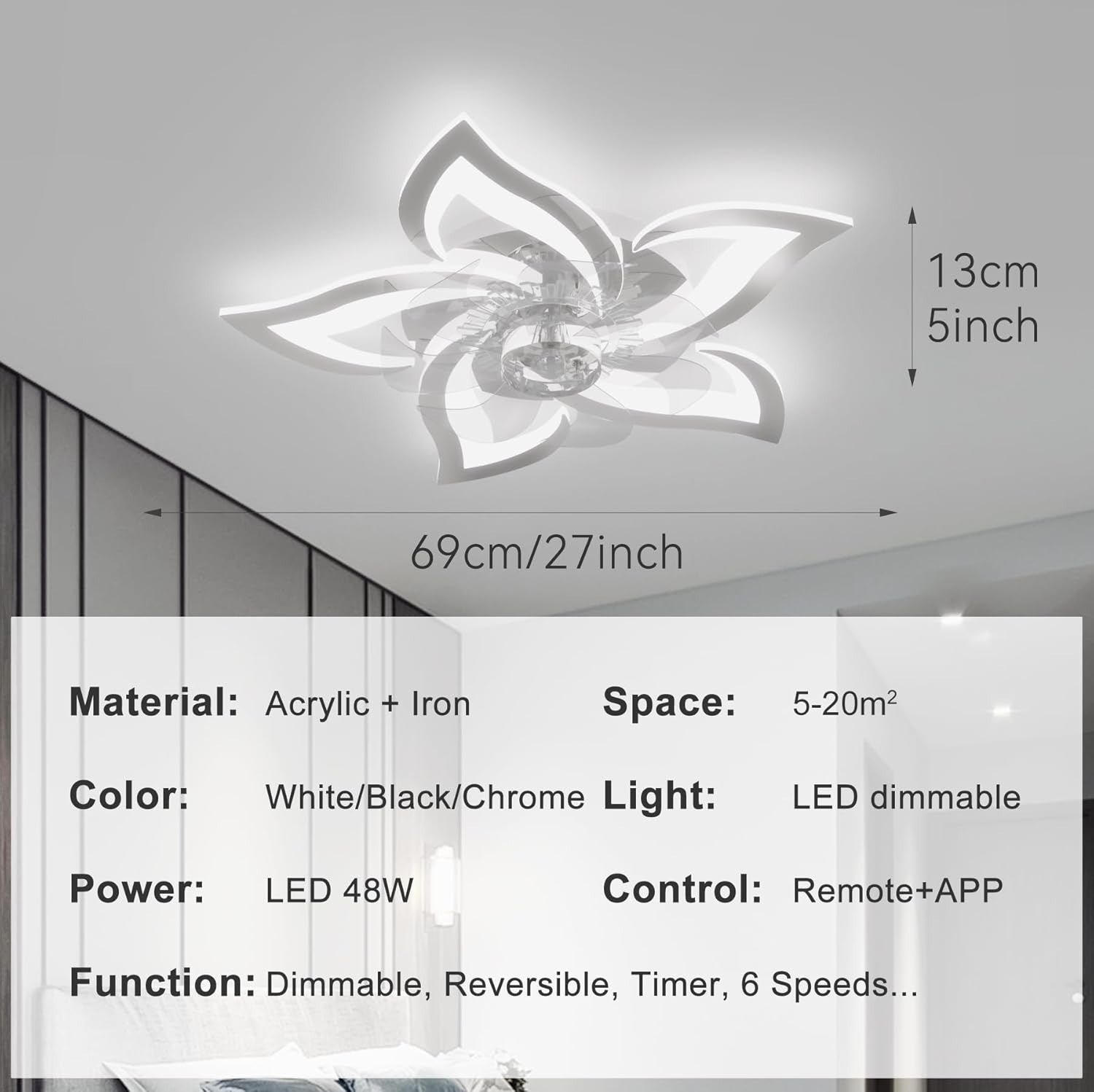 Smart Ceiling Fan with Lights, 6 Speeds, Dimmable LED, Chrome