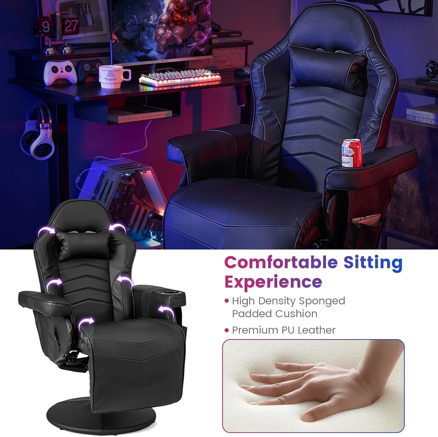 Massage Gaming Recliner Chair Swivel Adjustable Footrest PU Leather Black