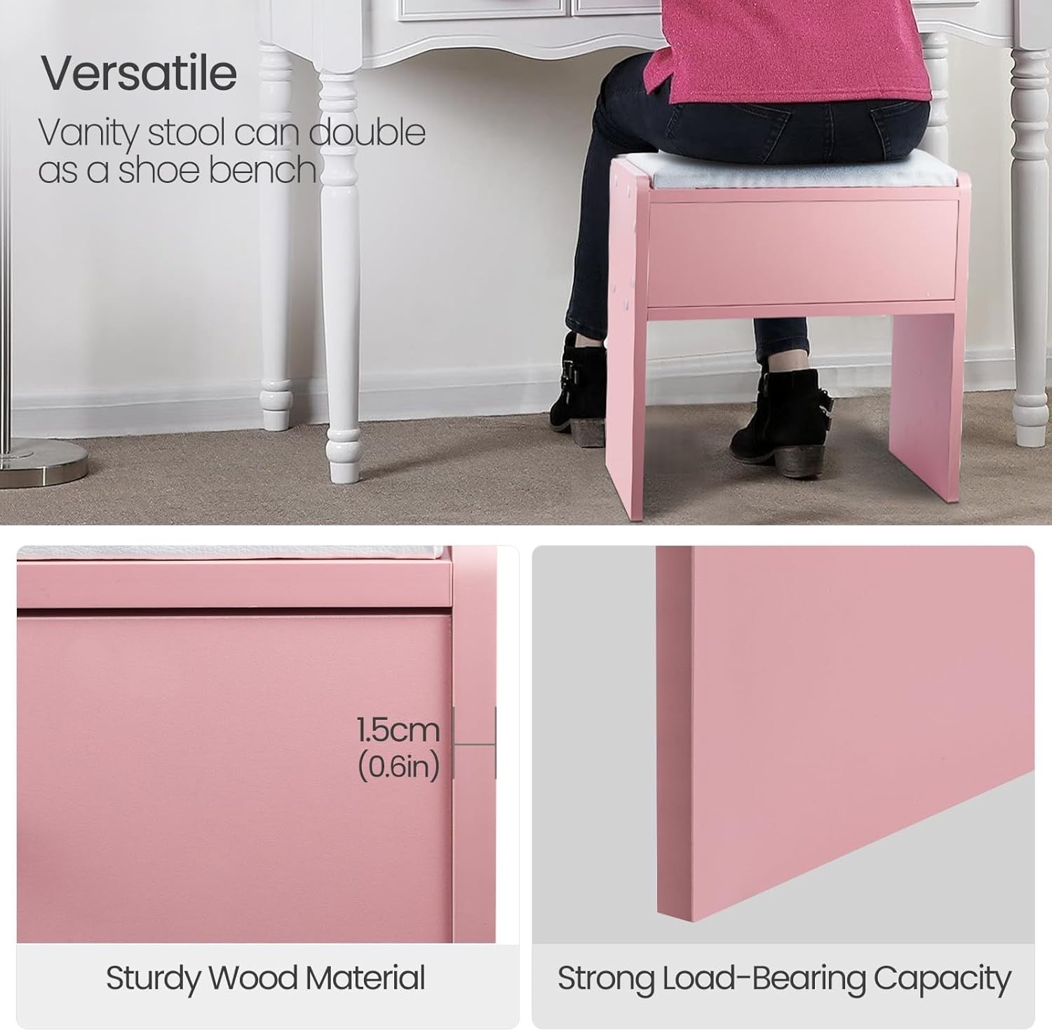 Pink Wooden Vanity Stool with Storage Drawer – Soft Padded Makeup Chair