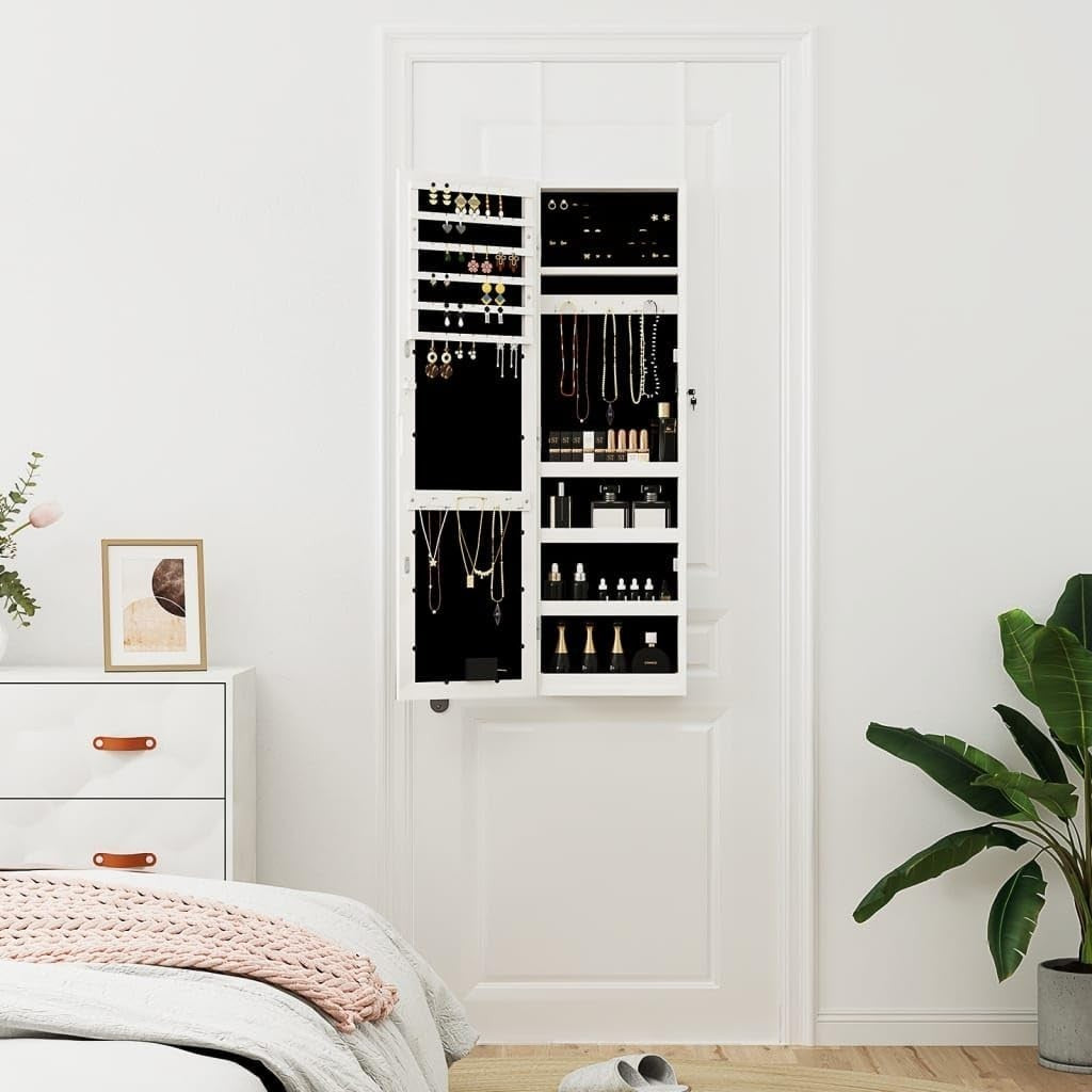 Vertical LED Jewelry Storage Mirror Cabinet Wall Hang Lockable White