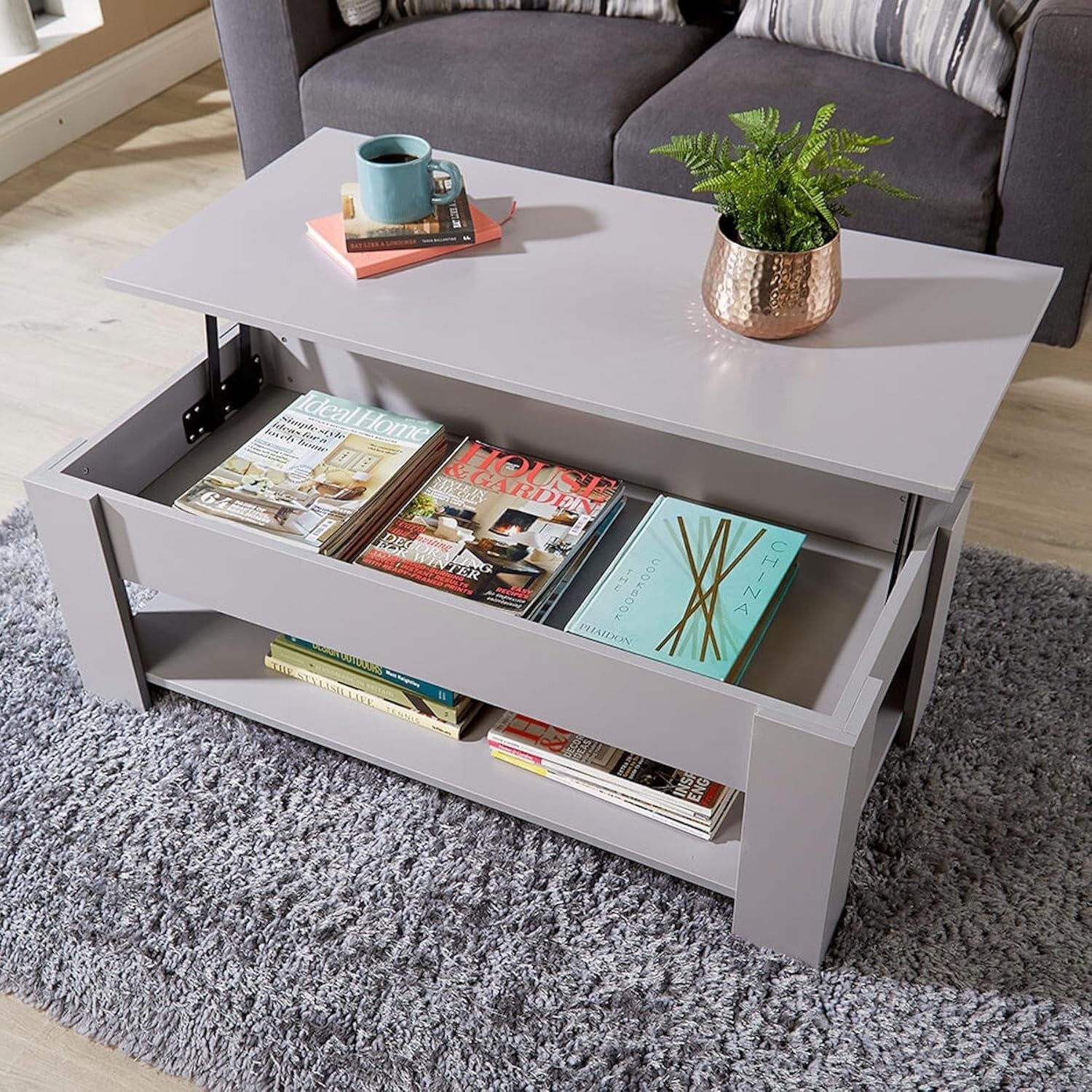 Lift Top Grey Coffee Table 100x50cm with Hidden Storage & Shelf Modern