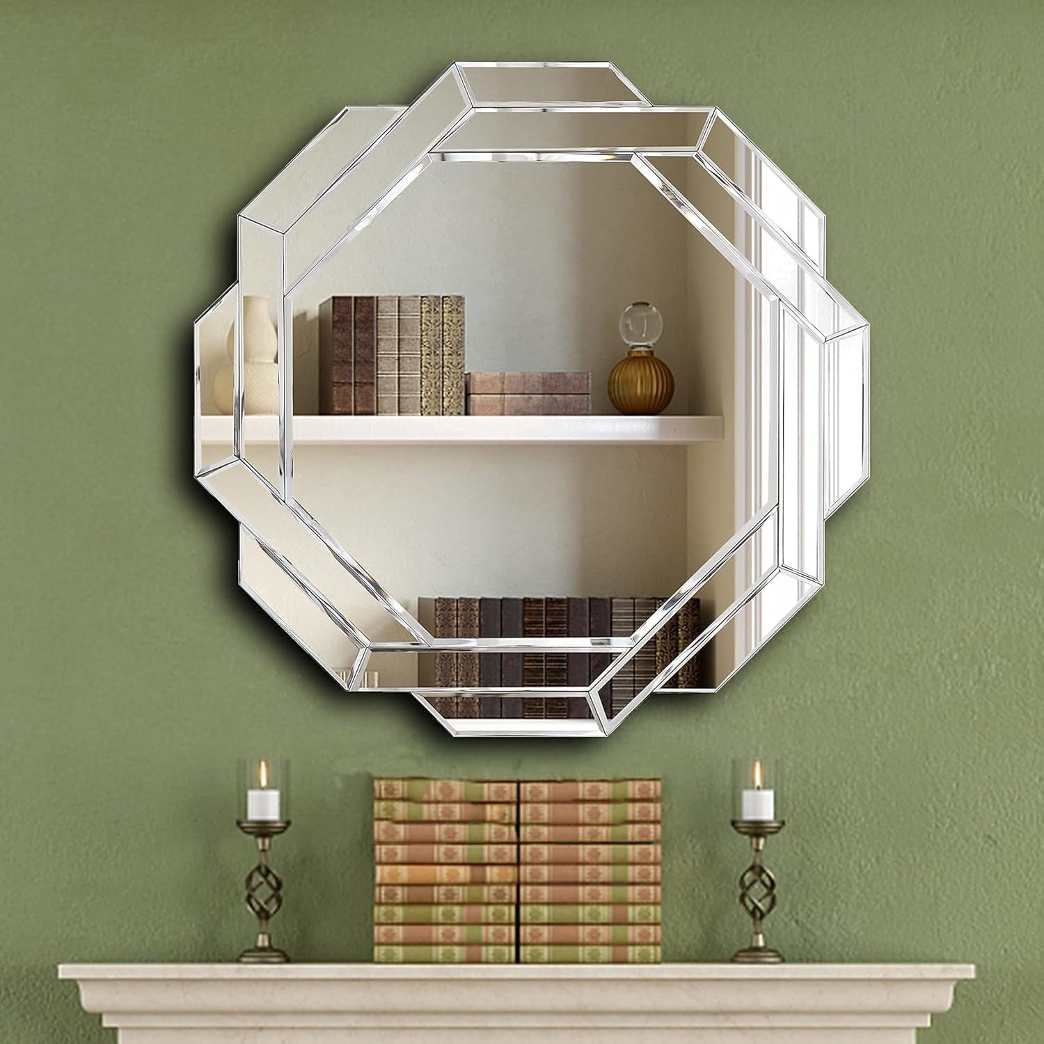 Hexagonal Frameless Wall Mirror 80x80cm, Sleek Silver Beveled Design