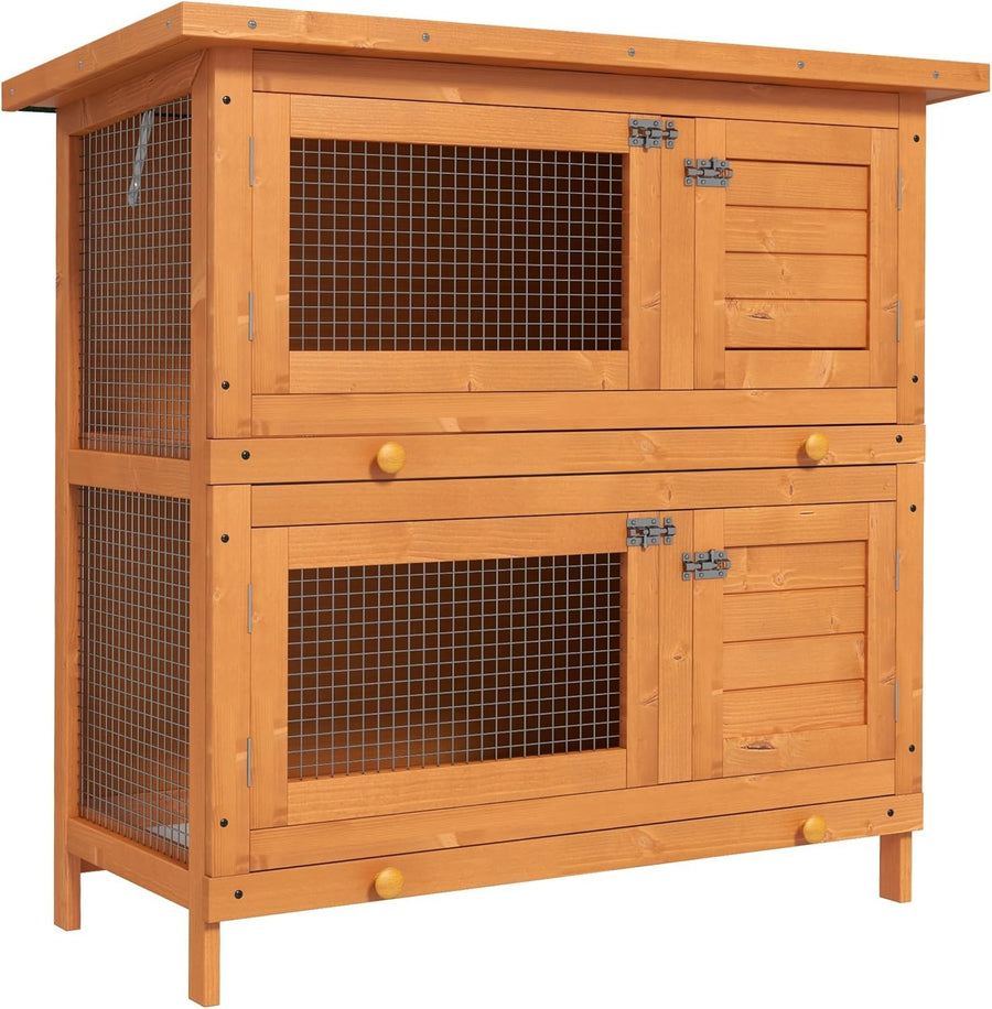 Large 2 Tier Rabbit Hutch Double Decker Wooden Cage Sliding Tray Roof