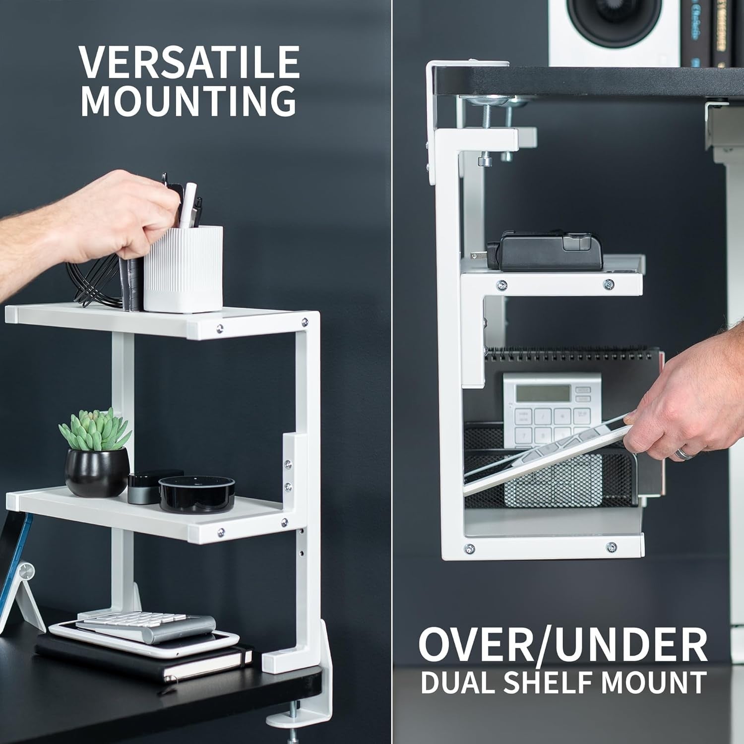 Clamp-On Desk Shelf 2-Tier White 13" Above/Below Mount Storage Organizer