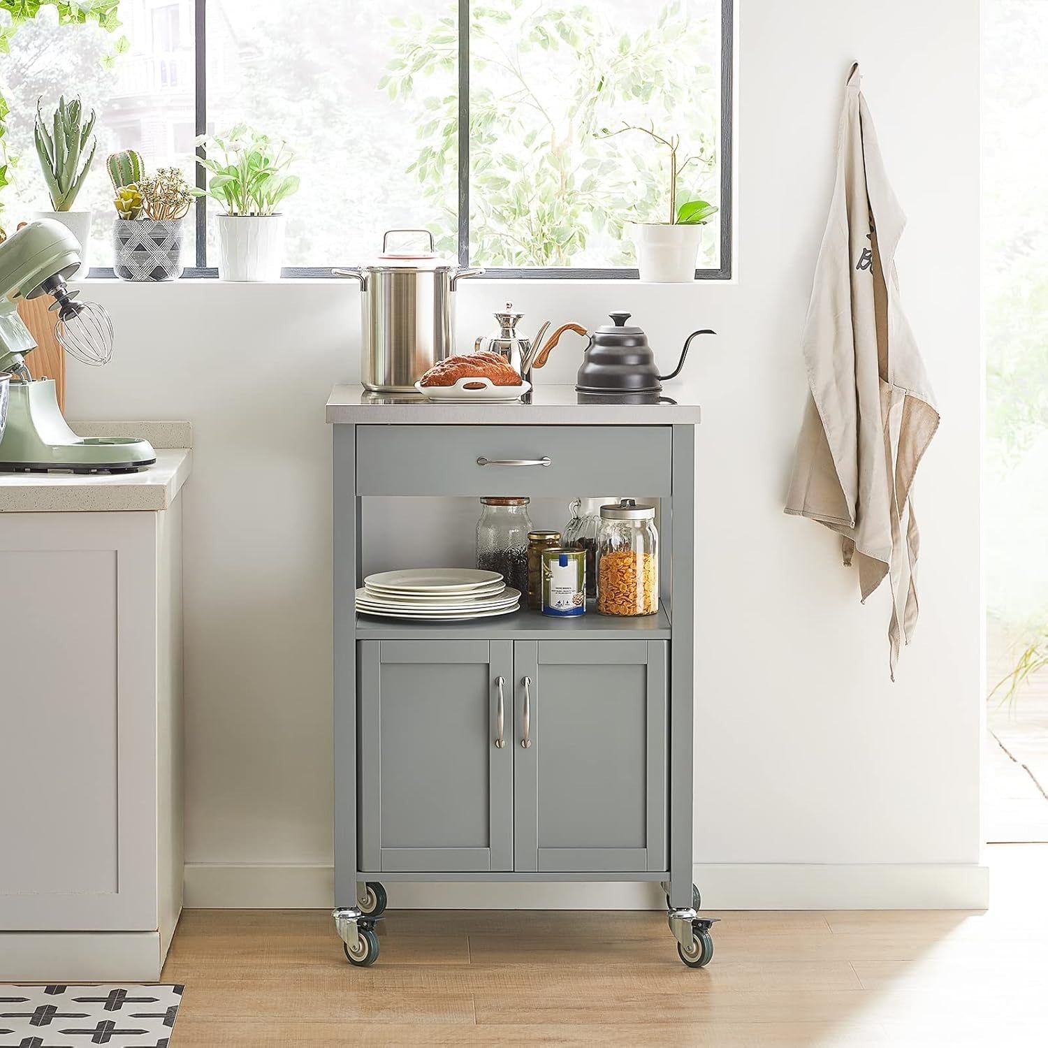 Grey Kitchen Trolley on Wheels Storage Cabinet 60x92cm