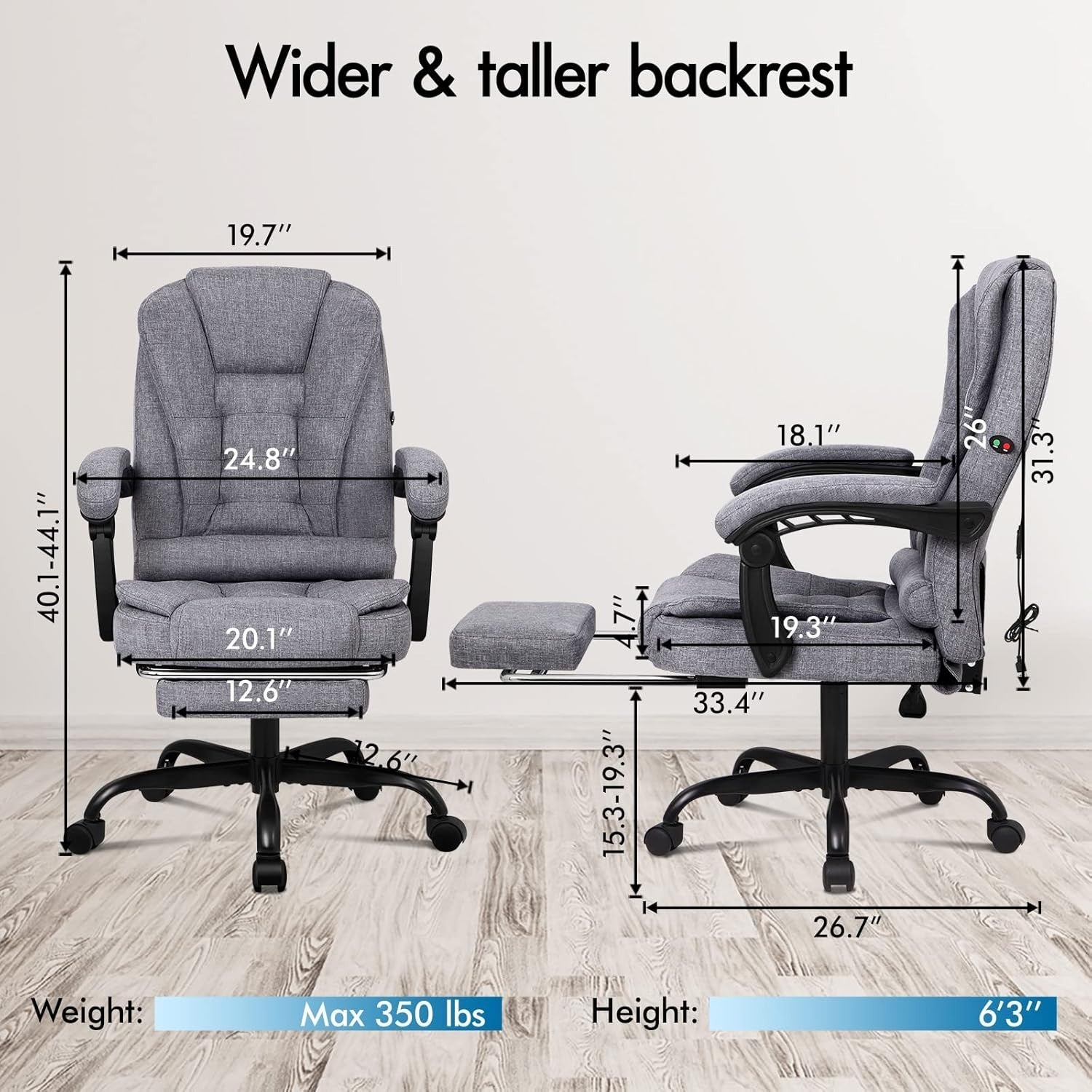 Grey Massage Office Chair Recliner Footrest Ergonomic Swivel Linen Fabric