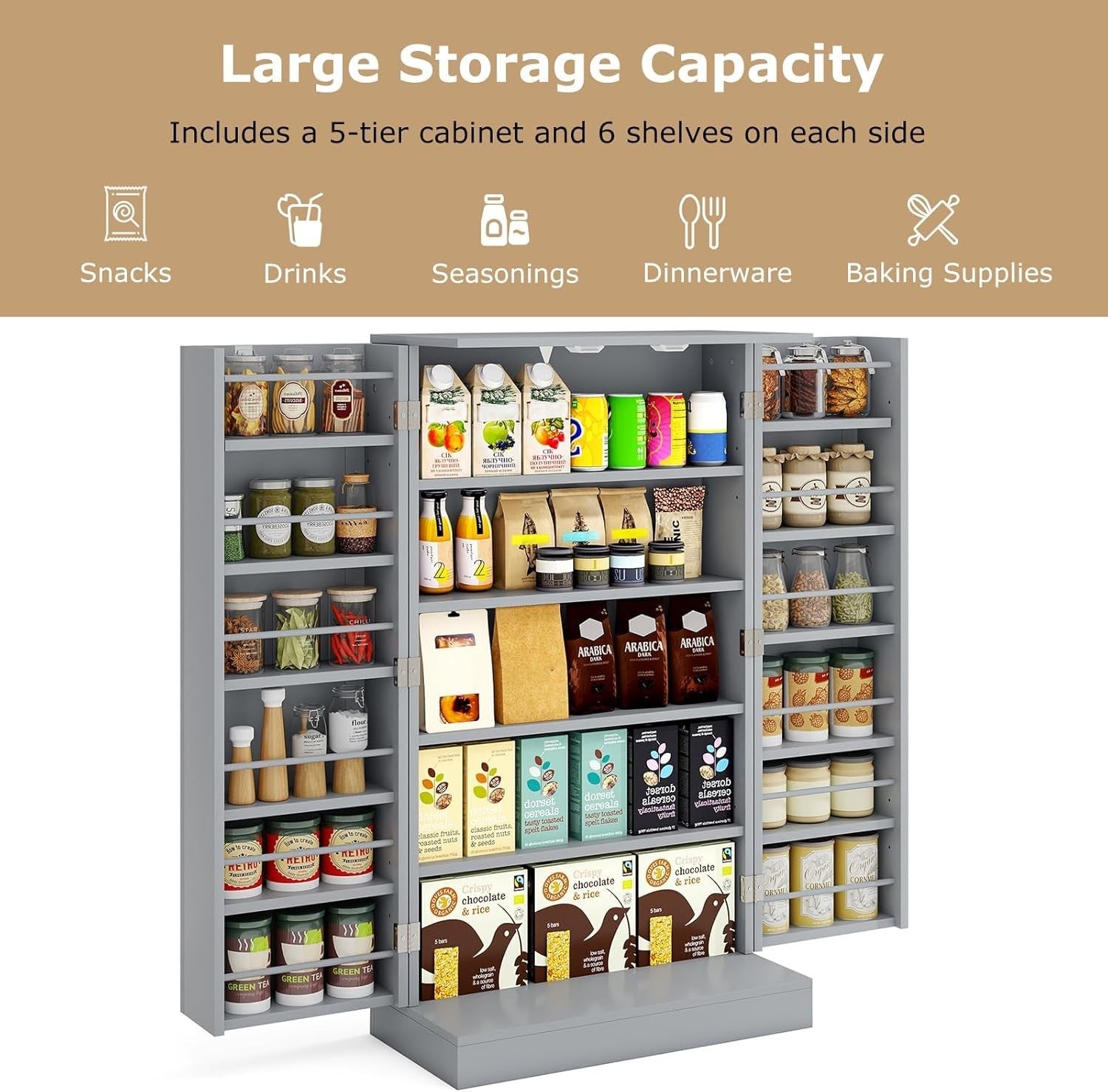 Kitchen Cupboard Pantry Cabinet 17 Shelves 2 Doors Grey Small