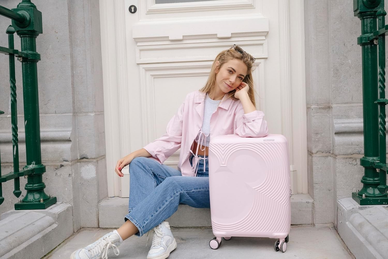 Cabin Hard Shell Suitcase Expandable 55cm TSA Lock Spinner Pink