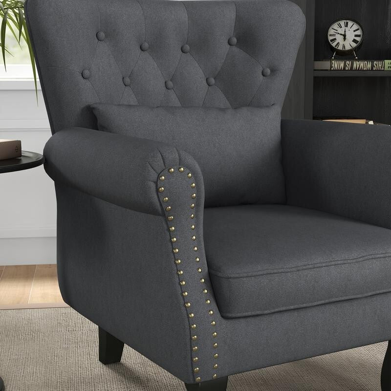 Chesterfield Wingback Armchair Tufted Accent Fireside Chair Pillow Grey